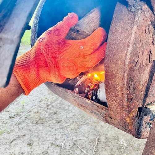 Oven Gloves 932°F Extreme Heat & Cut Resistant Oven Mitts with Fingers for BBQ, Cooking, Grilling, Baking – Accessory for Fire Pit, Camping, Fireplace & More - Orange Bitcoin Gift