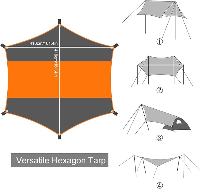 13.5 * 13.5ft Camping Tarp Shelter with Poles Large Tent Tarp Waterproof Rain Fly for Hammock Cover Bushcraft Picnic Backpacking Outdoor Survival
