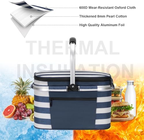 ALLCAMP Insulated Picnic Baskets Shoping Basket Cooler Bag Collapsible Portable Picnic Basket (Blue White Stripe)