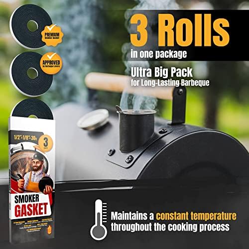 XXL 30 FT Grill Gasket for Smokers - Black 1/2’’ x 1/8’’ Hi Temp Seal Smoker Gasket – 3-Pack x 10 FT Self Stick Black Nomex Fire Tape for BBQ Lid – High Heat Temperature Material Replace