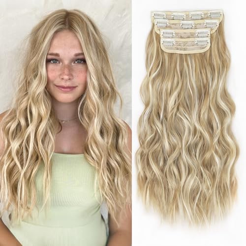 ALXNAN Clip in Long Wavy Synthetic Hair Extension 20 Inch Light Brown Mixed Blonde 4PCS Thick Hairpieces Fiber Double Weft Hair for Women