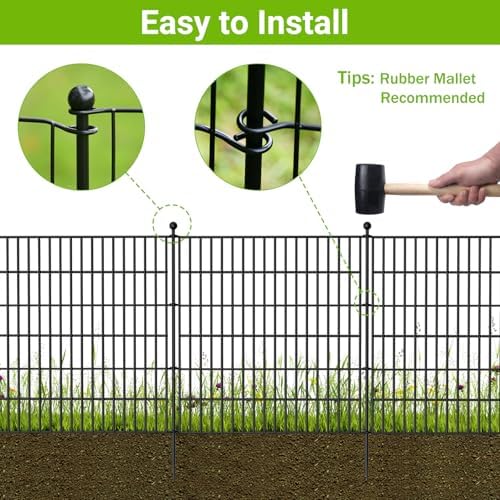 10 Panels No Dig Decorative Outdoor Garden Fence for Yard, 32 in(H) X 23.6 ft(L) Animal Barrier Fencing Rustproof Metal Wire Panel Border for Dog, Rabbits, and Patio Temporary Ground Stakes