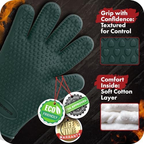 KITCHEN PERFECTION Silicone Smoker Oven Gloves -Extreme Heat Resistant BBQ Gloves -Handle Hot Food Right on Your Grill Fryer Pit|Waterproof Oven Mitts |Superior Value Set+3 Bonuses
