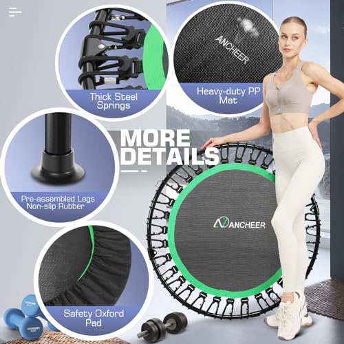 ANCHEER 40" Foldable Mini Trampoline - Max Load 350lbs - 450lbs Indoor Trampoline - with 4 Level Adjustable Foam Handle and Resistance Bands - Adult Exercise Trampoline for Home, Gym and Garden(Blue)