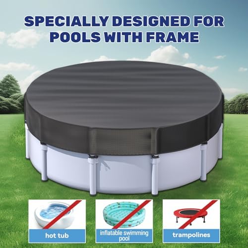 10 ft Round Pool Cover for Metal Frame Above Ground Pools, Winter Pool Cover - Upgraded Windproof Design Compatible with Intex/Bestway Frame Above Ground Outdoor Swimming Pool (Black)