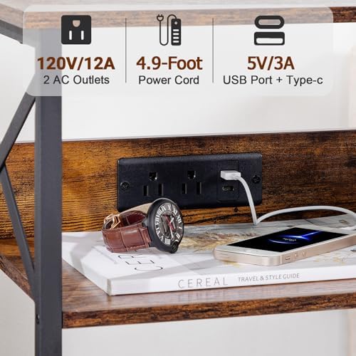 AMHANCIBLE Record Player Stand with Charging Station, Large Turntable Stand with Storage Cabinet, 3 Tier End Table Hold Up to 100 Albums, Record Stand for Vinyl, Living Room, Brown, HETCD012BR-1