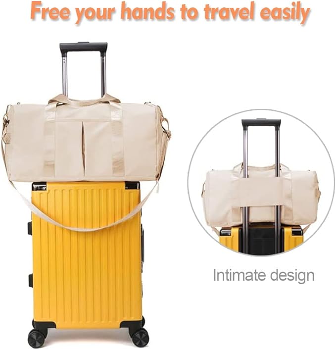 Small Gym Bag for Women and Men, Workout Bag for Sports and Weekend Getaway, Waterproof Dufflebag with Shoe and Wet Clothes Compartments (Beige)