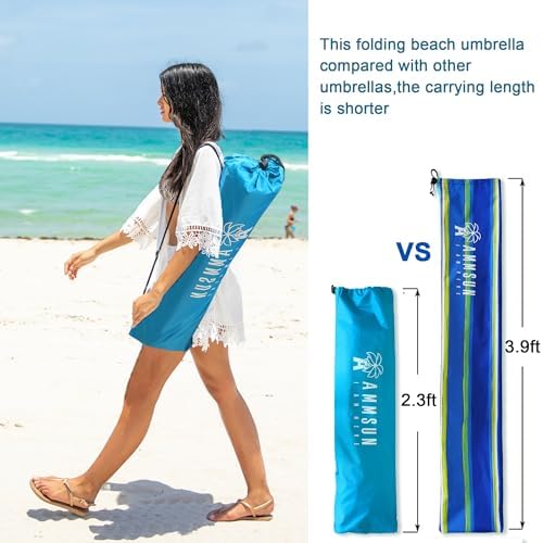 AMMSUN 6.5ft Twice Folded Portable beach umbrella with Sand Anchor Windproof Tilt Pole Air vent UPF 50+ Protection Fits in a large Suitcase Compact For Travel Patio Garden Pool Backyard Sky Blue