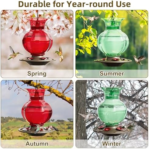 Auslar Hummingbird Feeder, Green Glass Hummingbird Feeder for Outdoors Hanging with Ant Moat, 5 Simulation Flowers Feeding Ports, 23 Ounces, Rustproof, Fade Proof, Pomegranate Shape, 2 Pack