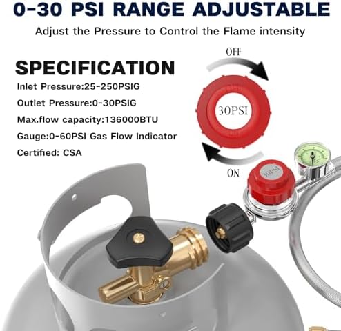 5FT 0-30 PSI Adjustable High Pressure Propane Regulator with Gauge 0~60PSI Gas Flow Indicator QCC1 Stainless Propane Hose with 3/8 Flare x 1/8 MNPT Fits for LP Gas Cooker, Burner, Smoker, Turkey Fryer