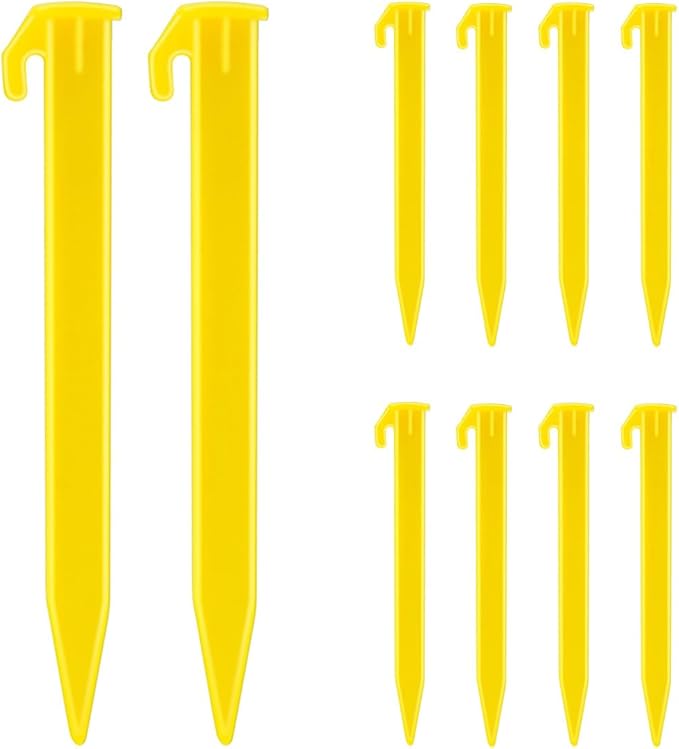 10 Pack Plastic Tent Stakes Heavy Duty Beach Tent Pegs Canopy Stakes for Camping Gardening Backpacking Tent Pegs Spike Hook for Outdoor Garden Decorations Lawn Tarp Sand Stakes for Beach (Yellow)