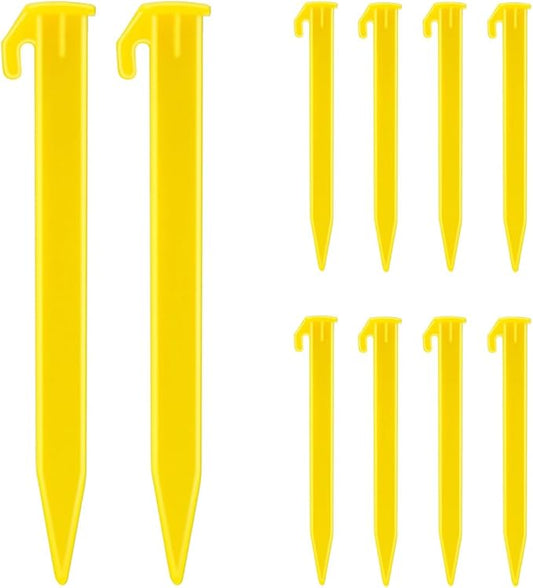 10 Pack Plastic Tent Stakes Heavy Duty Beach Tent Pegs Canopy Stakes for Camping Gardening Backpacking Tent Pegs Spike Hook for Outdoor Garden Decorations Lawn Tarp Sand Stakes for Beach (Yellow)