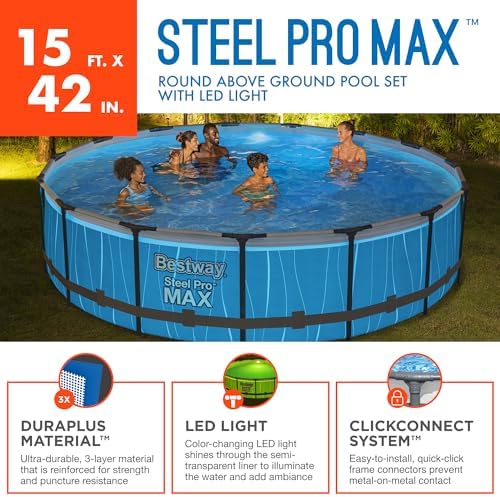 Bestway Steel Pro MAX Above Ground Swimming Pool (15' x 42") | Round Outdoor Backyard Family Pool with Color-Changing Pool Liner | Features 7-Color LED Lights