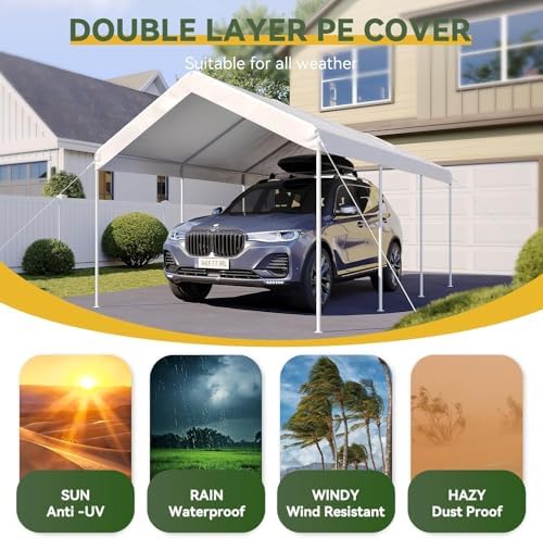 Aoxun 10x20 ft Heavy Duty Carport with Tarp & Wind Resistance Portable Carport Car Tent Outdoor Car Port with Tear Resistant Canopy, No Sidewall - White