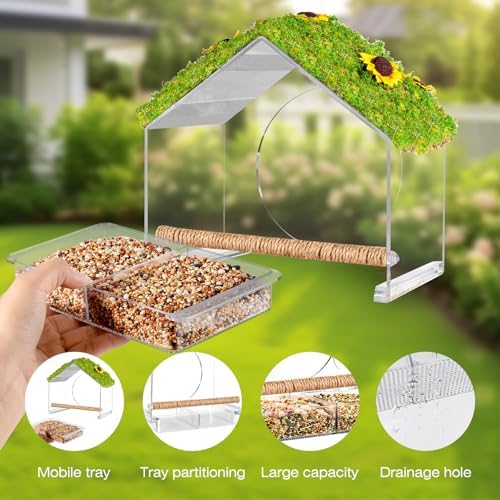 Clear Window Bird Feeder with 4 Strong Suction Cups & Decorative Lawn Top - Ideal for Garden/Yard Decor, Elderly & Kids Bird Watching, Unique Gift for Nature Lovers