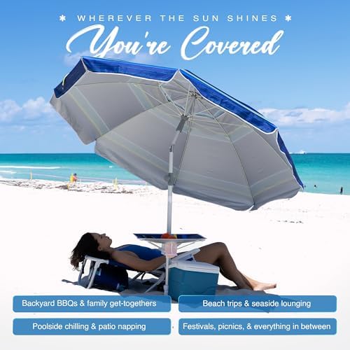 AMMSUN 7ft Heavy Duty High Wind Beach Umbrella with sand anchor, Built-in Table Tray Vent Tilt Pole, UPF 50+ Windproof Portable Outdoor Umbrellas Carry Bag for Patio Garden Pool Backyard stripe
