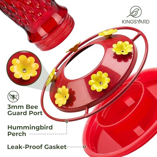 Kingsyard 2 Pack Glass Hummingbird Feeders for Outdoors Hanging, Wild Bird Nectar Feeder with 6 Feeding Ports, 24 oz Leak-Proof, Red (Ant Moat Included)