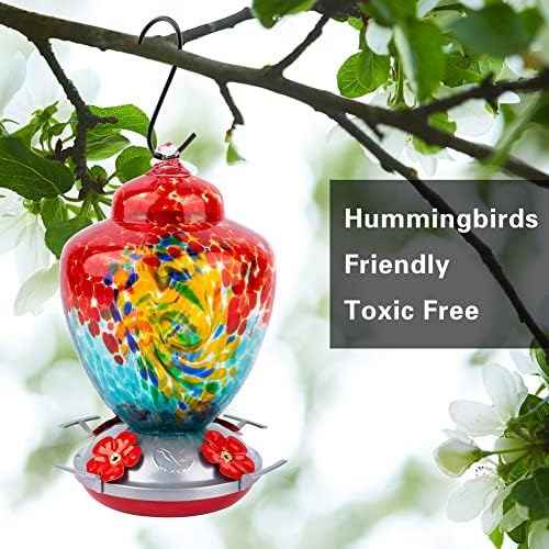 REZIPO Hummingbird Feeder with Perch - Hand Blown Glass - 38 Fluid Ounces Hummingbird Nectar Capacity Include Hanging Wires and Moat Hook (Half Red)
