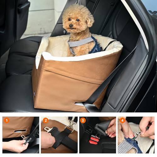 Amazon Basics Pet Car Booster Bucket Seat for Small Pets up to 25lbs, Machine Washable Cover, Clip-On Safety Leash, 18" x 18" x 16", Tan