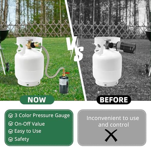 Propane Adapter for 1 lb. Tanks with Tank Gauge & Control Valve, 3 FT Propane Refill Stainless Steel Hose with 4 Bottle Caps, Fill 1 Pound Bottles from 5-40lb Tank