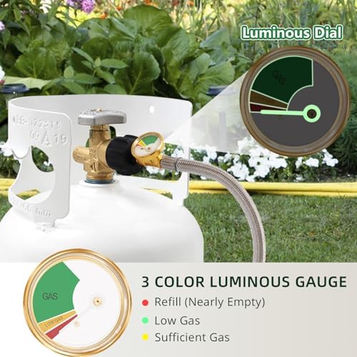 Propane Adapter for 1 lb. Tanks with Tank Gauge & Control Valve, 3 FT Propane Refill Stainless Steel Hose with 4 Bottle Caps, Fill 1 Pound Bottles from 5-40lb Tank