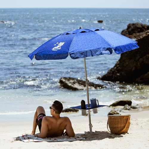 AMMSUN Beach Umbrella With Sand Anchor & Table Tray, 6.5ft Portable Heavy Duty Sun Outdoor Umbrella, UV 50+ Protection, Carry Bag for Patio, Pool and Garden, Blue