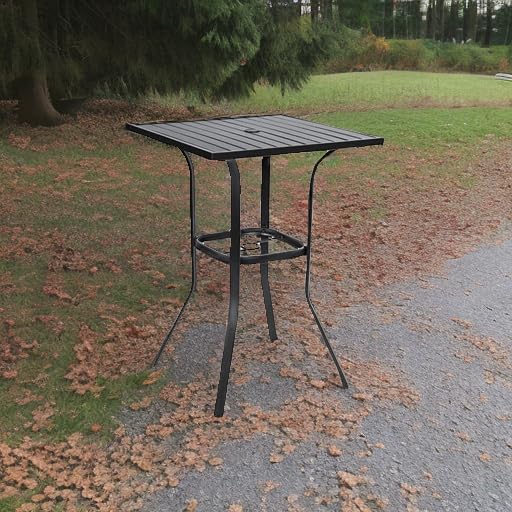 Incbruce Patio High Bar Table, 39" Height Bistro Table with 1.57'' Umbrella Hole, Square Outdoor High Top Table Metal Steel Frame and Slat Design (Slatted Tables Top), Black