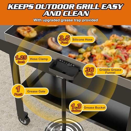 Rear Grease Drainage Funnel with 1.3 Gal Drip Oil Bucket W/Lid & Magnetic Grease Gate for Blackstone Griddle 36", Creative Blackstone Accessories Cup Liners Saving Compatible with Hood, Wind Guard