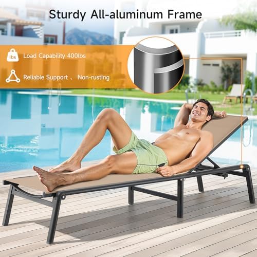 Aluminum Chaise Lounge Chair Outdoor, Foldable & Assembly Free Outdoor Lounge Chair with 5 Position Adjustable Backrest, Patio Pool Lounge Chairs for Outside Poolside Beach Lawn, 1PC, Khaki