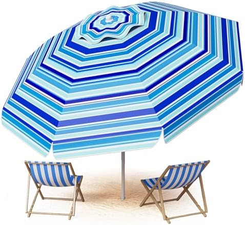 Aoxun 8FT Large Beach Umbrella with Heavy Duty Sand Anchor and Carry Bag, UPF 50+ Sun Shelter Air Vents Design for Outdoor Activities (Navy Blue & White)