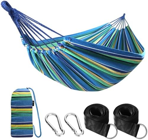 ANYOO Cotton Hammock Portable Camping Hammocks for Hanging Sturdy Garden Comfortable Fabric Hammock with Tree Straps Up to 660lbs with Travel Bag for Camping Outdoor/Indoor Patio Backyard