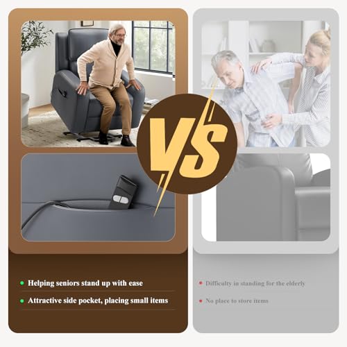 COLAMY Power Lift Recliner Chair for Elderly – Electric Leather Recliner with Remote Control, Ergonomic Backrest, Spacious Seat, Side Pocket & 2-Button Operation, 300lbs Capacity (Grey)