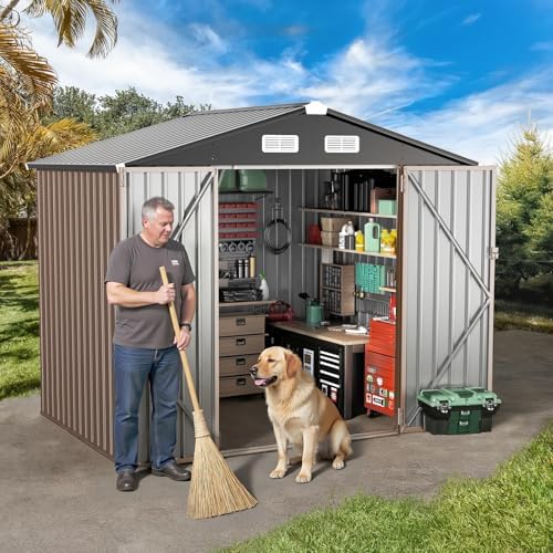 GVDV 8x6 FT Outdoor Metal Storage Shed, Durable Garden Shed with Updated Frame Structure for Backyard, Patio, Tool Storage, All-Weather Shelter for Bike, Gardening Tools(7.33'x5.28' Base, No Floor)