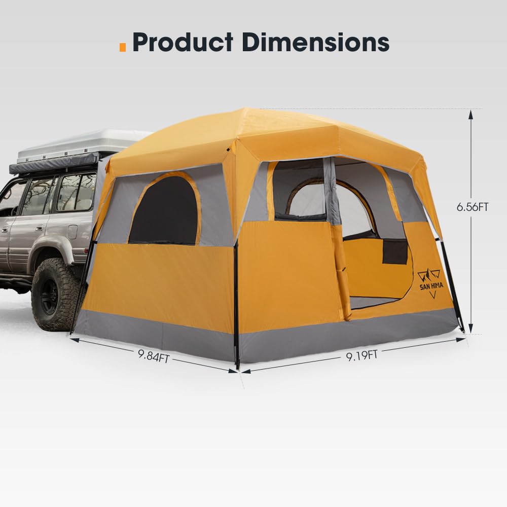 SanHima SUV Tent for Camping with Rainfly - 2 Door Design Waterproof PU3000mm Double Layer SUV Tailgate Tent for Van Jeep CUV Model Y, 10'L x 9'W x 6.6'H, Up to 6 Person, Orange & Gray