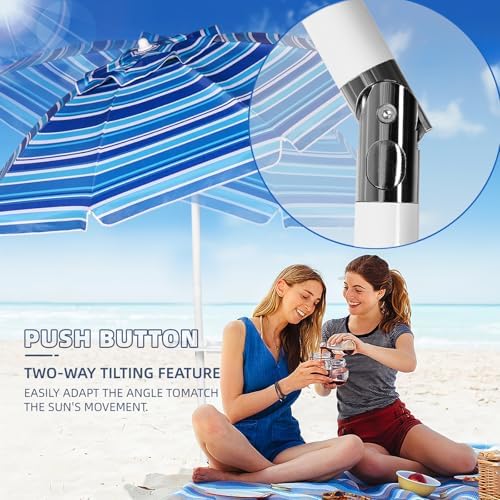 Aoxun 8ft Beach Umbrella with Tray and Tilt Pole Portable Patio Umbrella with Sand Anchor and Carry Bag Outdoor UPF 50+ Sun Shelter with Air Vents Design (Navy Blue)