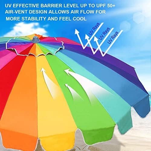AMMSUN 7.5ft Large Heavy Duty HIGH Wind Beach Umbrella with sand anchor & Tilt Sun Shelter, UPF 50+ Protection Outdoor Umbrellas Sunshade with Carry Bag for Patio Garden Pool Backyard Rainbow