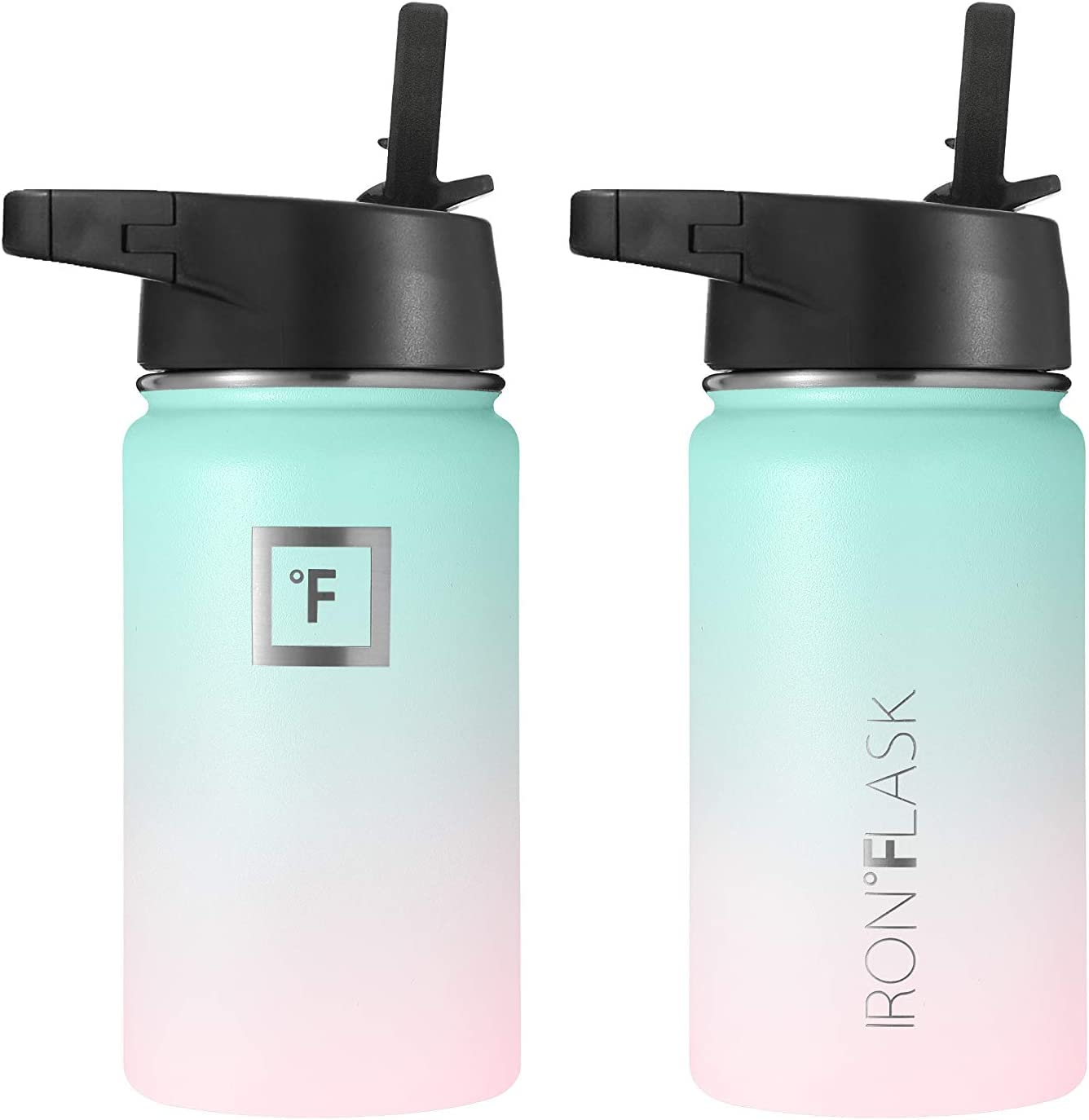 IRON °FLASK Camping & Hiking Hydration Flask, Wide Mouth, 3 Straw Lids, Stainless Steel Outdoor Water Bottle, Double Walled, Insulated Thermos, Metal Canteen - Bubble Gum, 14 Oz