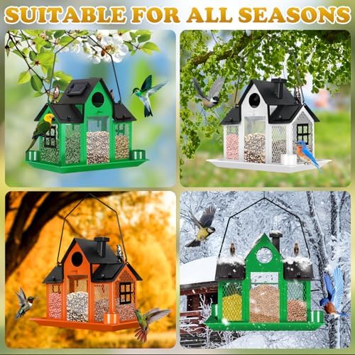 Solar Bird Feeders House Outside Hanging Metal Wild Bird Feeder Outdoors Large Cardinal Bird Feeder Birdhouses Squirrel Proof White