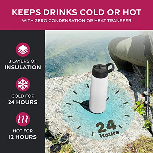 FineDine Triple Walled, Insulated Water Bottles with Straw - 25 Oz Stainless Steel Metal Bottle W/ 3 Leak Proof Lids - For Travel, School, Sports, Gym/Men, Women & Kids - Pure Pearly White