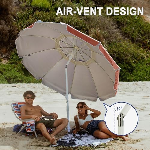 AMMSUN 8 Feet Large Beach Umbrella with Sand Anchor Heavy Duty High Wind Portable Outdoor Umbrellas UV 50+ Protection Air Vent Tilt Patio Garden Pool