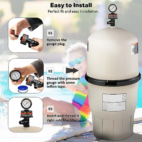Manual Air Relief Valve for Pool and Spa Filters, Pool Filter Air Relief Valve with Pressure Gauge Replacement, Air Relief Valve for Pool Filter, Includes Gauge Plug, Pressure Gauge, O-Rings, Clips.