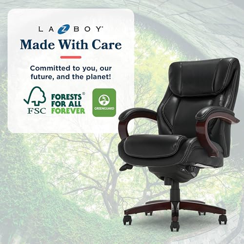 La-Z-Boy Bellamy Executive Office Chair with Memory Foam Cushions, Real Wood Arms and Swivel Base, Waterfall Seat Edge, Faux Bonded Leather, Black