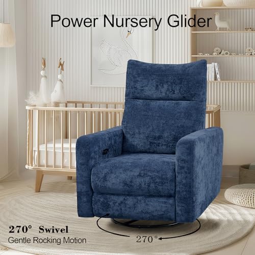Power Swivel Rocker Recliner Chair Set of 2, 270° Swivel Rocking Chair for Adults Living Room Nursery Bedroom Electric Glider Reclining Single Sofa with USB Port Infinite Position Backrest (Dark Blue)