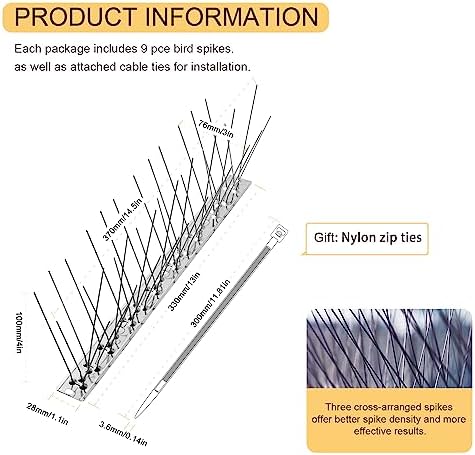 OFFO Bird Spikes Pre-Assembled for Pigeons Birds, Cover 10 Feet Durable Bird Spikes with Stainless Steel for Fence Roof Mailbox Window