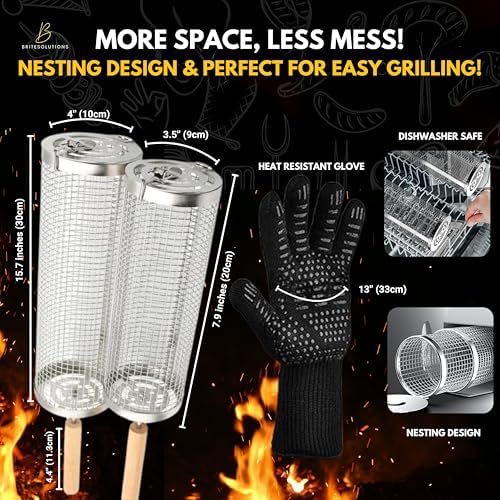 Lockable Nesting Grill Baskets for Outdoor Grill(2pcs) - Detachable Handle - Hinge Lock Lid - Heavy Duty Stainless Steel Rolling Grilling Basket - Vegetable Grill Basket - Perfect BBQ Gift & Accessory