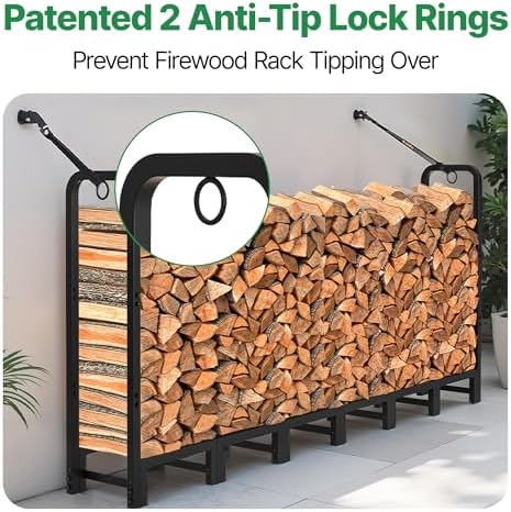 AMAGABELI GARDEN & HOME 8ft Firewood Rack Outdoor Heavy Duty Fire Wood Racks Outdoor for Firewood Log Holder Wrought Iron Firewood Log Racks Stand Wood Pile Lumber Storage Stacking Black