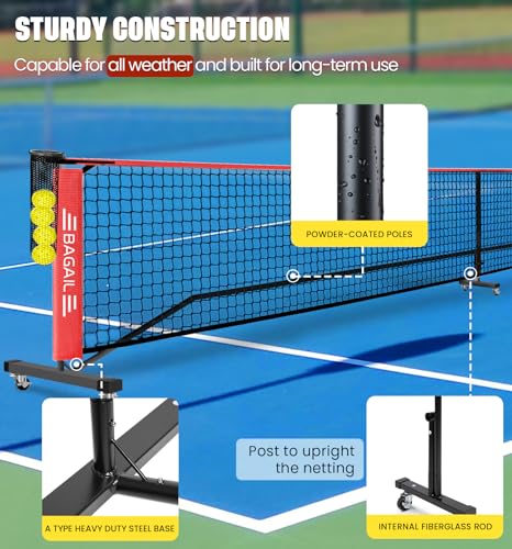 BAGAIL Portable Pickleball Net Set with Wheels, 22 FT Regulation Size & 11 FT Half Court Size 2-in-1 Pickle Ball Net with Ball Collector, Carry Bag, Easy Setup for Outdoor Indoor Driveway - Red