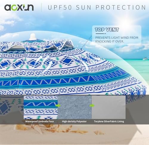 Aoxun Beach Umbrella with Tilt Pole, Portable Sand Anchor and Carry Bag, UPF 50+ Sun Shelter Air Vents Design for Outdoor Activities (Blue), 6.5ft