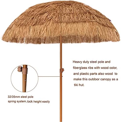 AMMSUN 7.5ft Hula Thatched Tiki Patio Beach Umbrella Hawaiian Style 10 Ribs UPF 50+ with Tilt Carry Bag for Outdoor Tiki Bar, Tropical Palapa, Patio Garden Beach Pool Backyard Natural Color