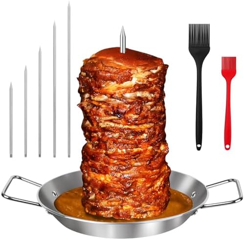 Al Pastor Skewer for Grill, Extra Large 13 Inch Gyro Pan with Fat Separator, Brazilian Spit Stand with 5 Spikes & 2 Brushes, Stainless Steel Vertical Sticks for Shawarma, Chicken on Smoker Oven